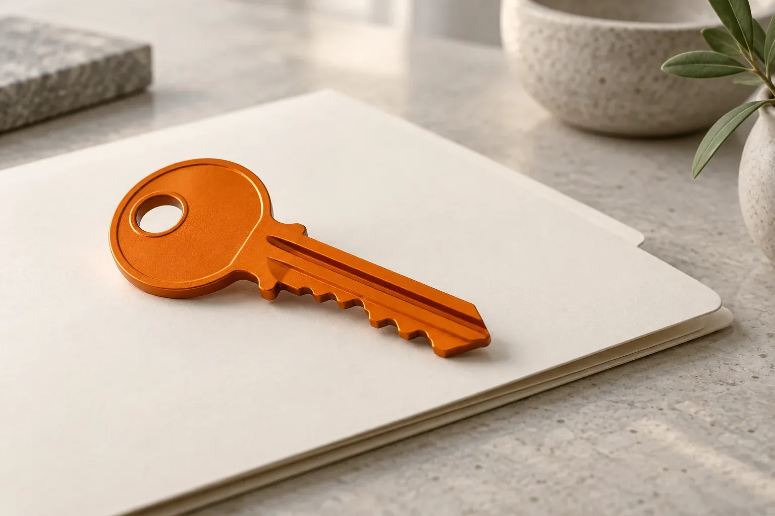 A large orange key rests beside a closed cream business folder on a quiet desk.