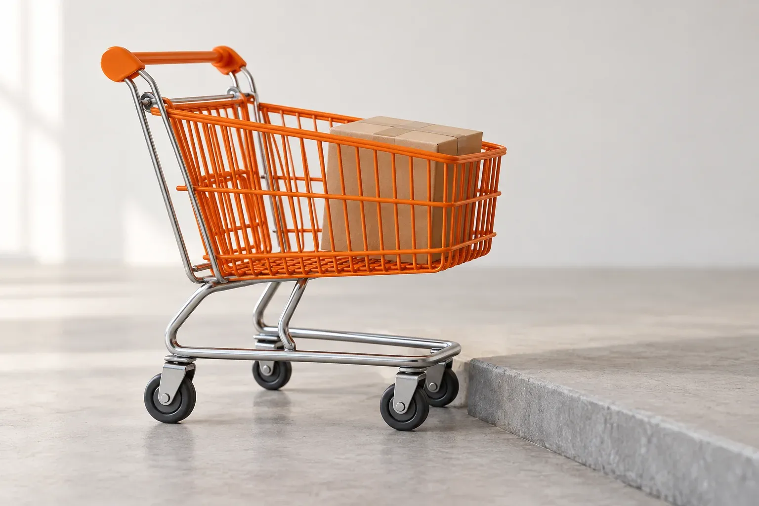 An orange shopping trolley carrying a parcel meets a low step.