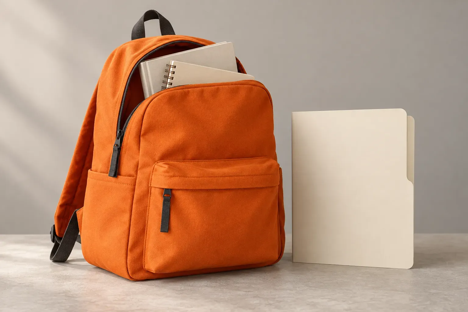 An orange backpack holds cream notebooks beside a plain admissions folder.