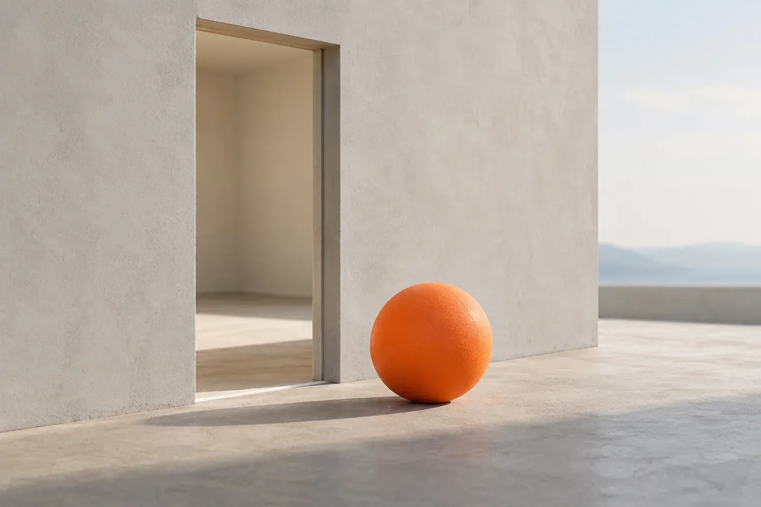 An orange rubber ball beside a simple open doorway in a neutral model wall.