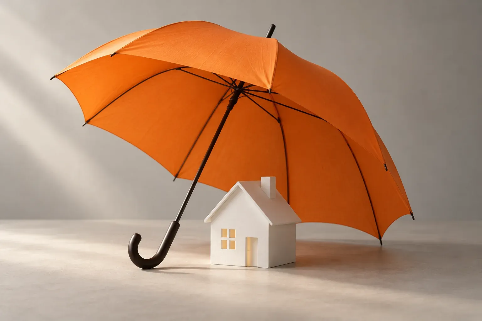 An orange umbrella shelters a small white model house on a neutral surface.