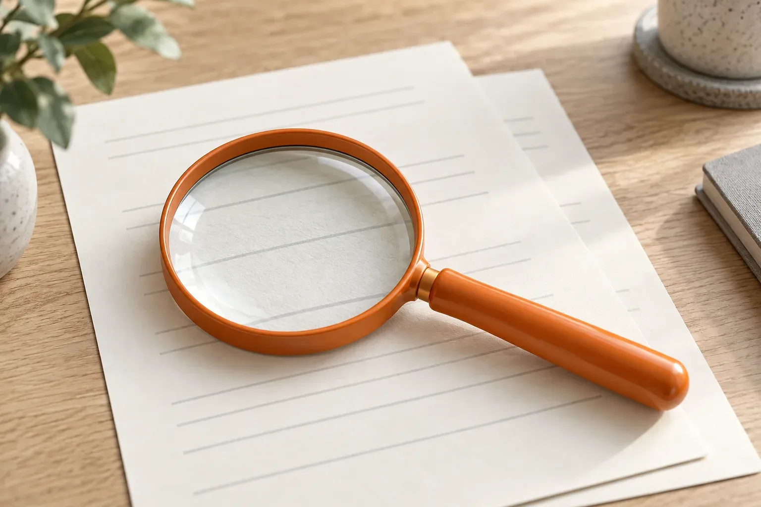 A prominent orange magnifying glass rests over neatly arranged cream proposal sheets.