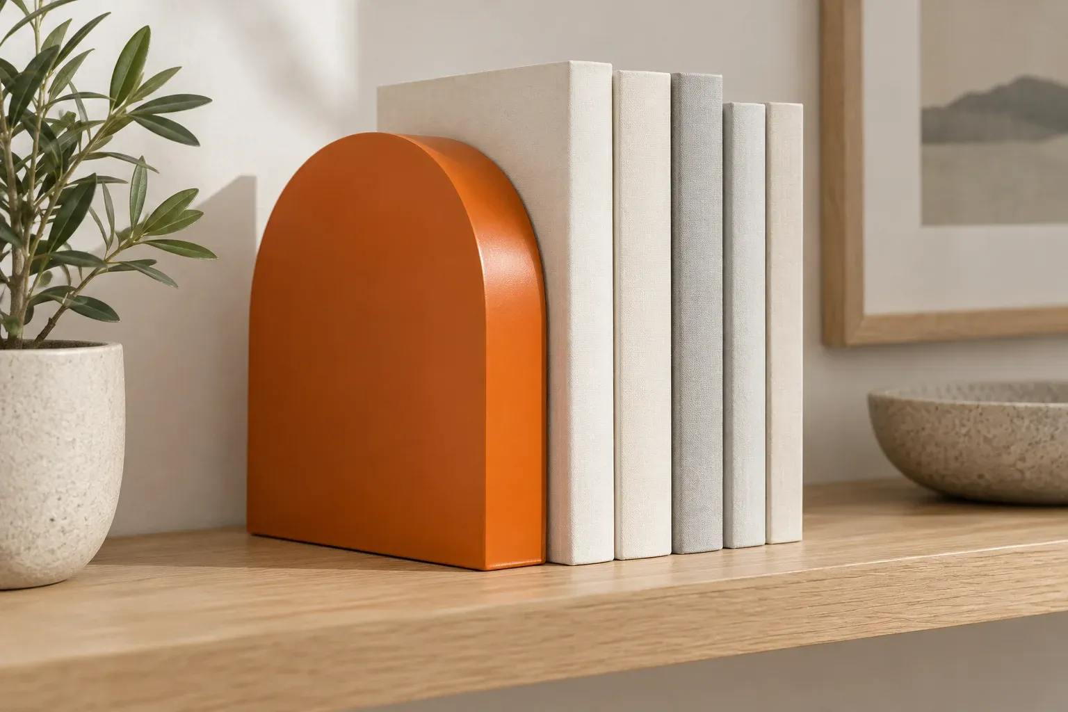 An orange bookend supports an orderly row of cream report volumes on a pale shelf.