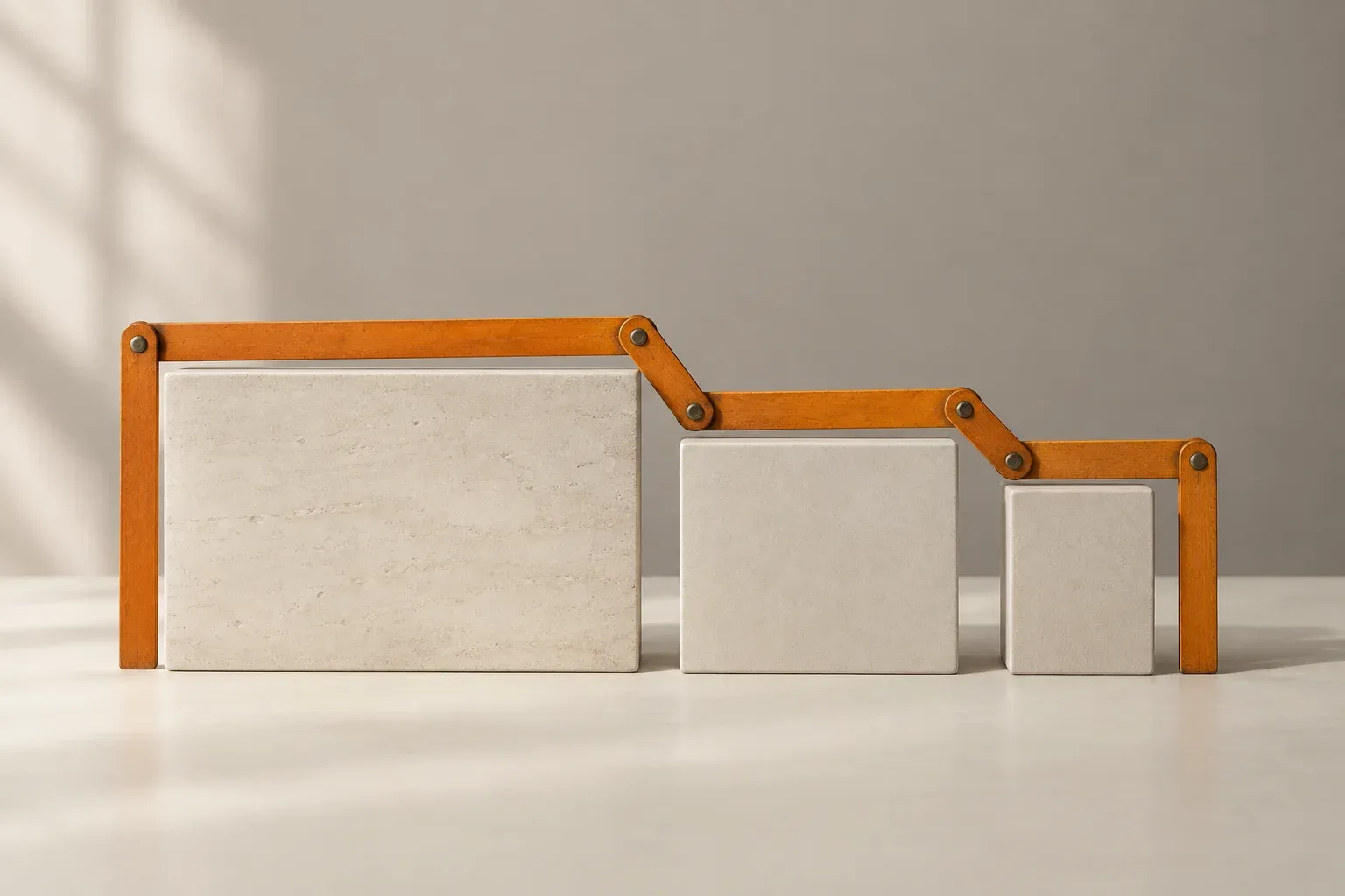 An orange folding ruler bent around differently sized neutral rectangles.