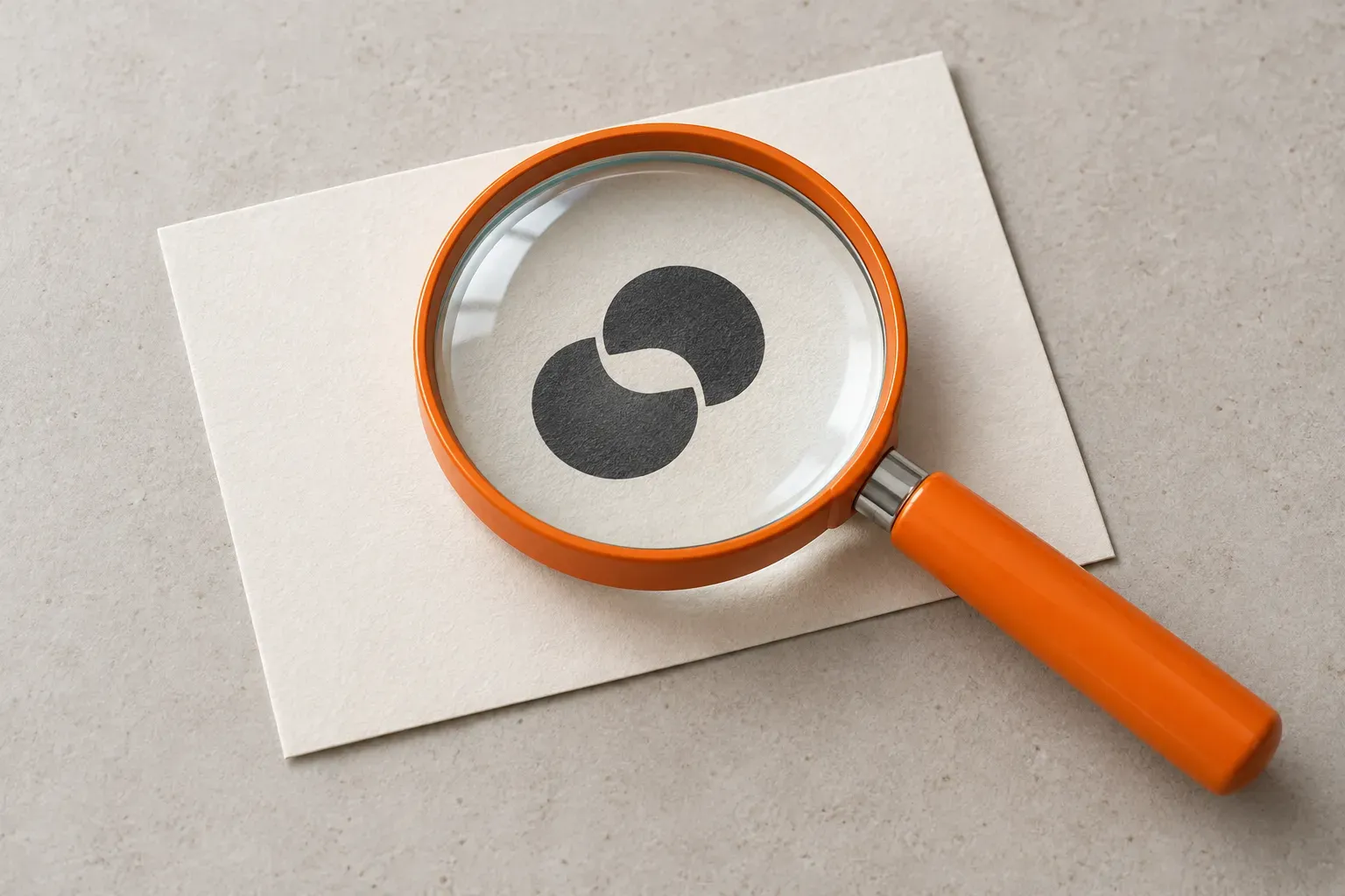 An orange magnifying glass enlarges a simple charcoal emblem on a cream proof card.
