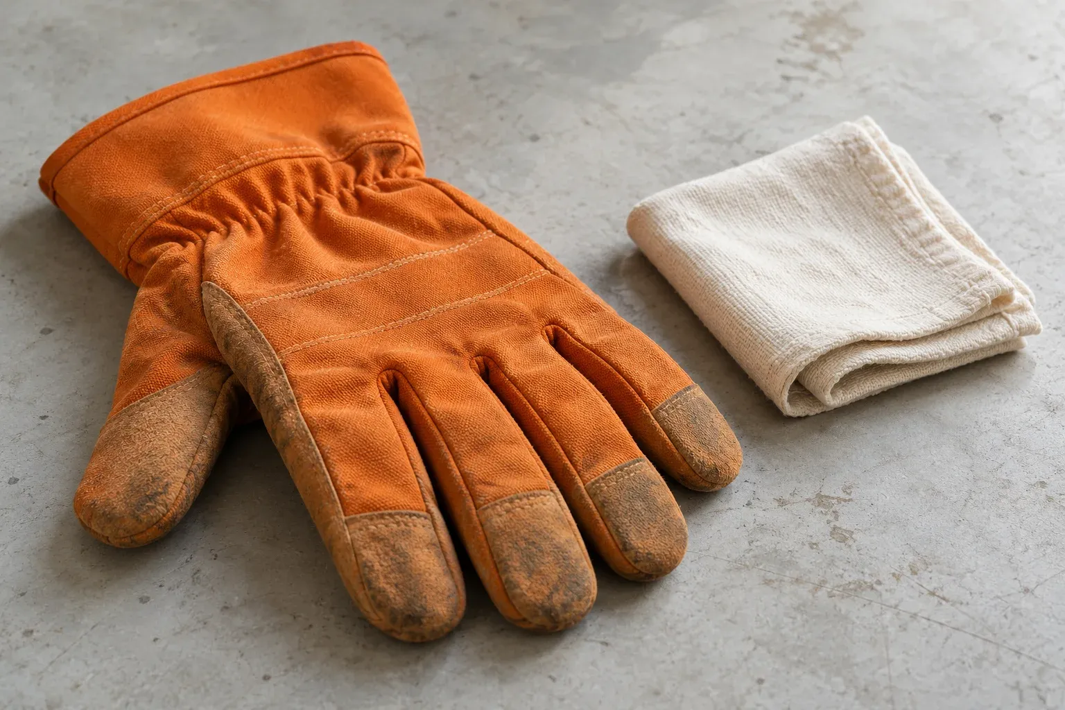 A prominent orange work glove rests on a neutral workbench beside a neatly folded cream cloth.