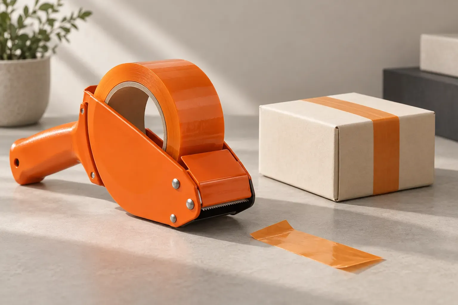 An orange packing-tape dispenser sits beside a plain cream parcel on a packing table.