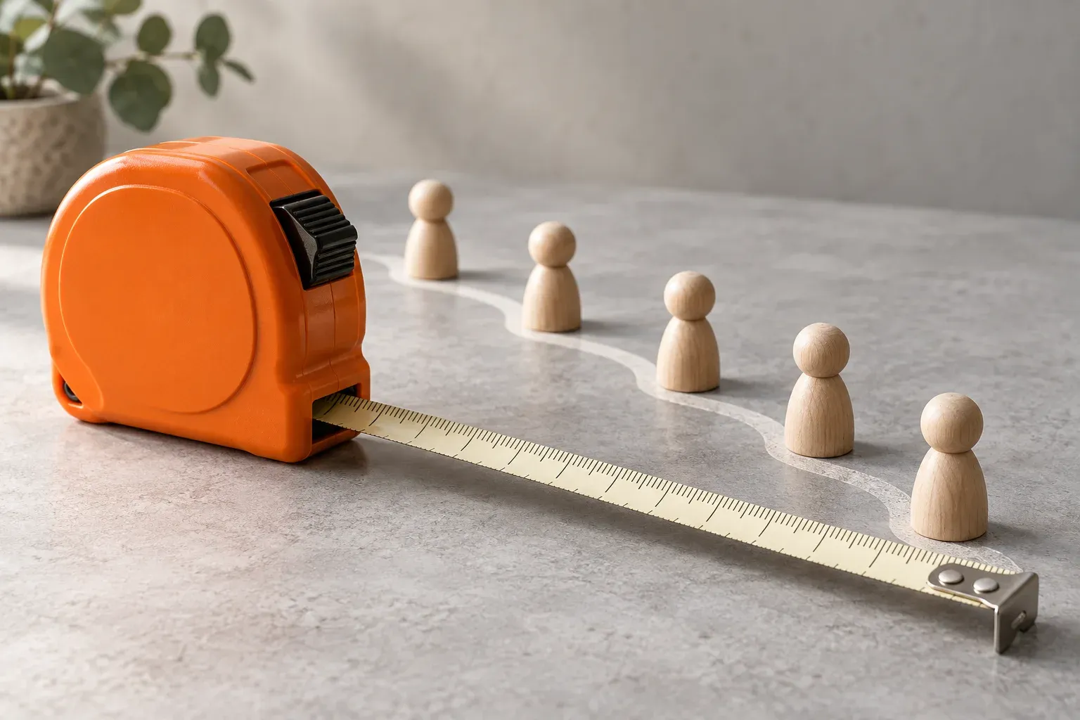 An orange tape measure extends along a curved trail of small neutral wooden markers.