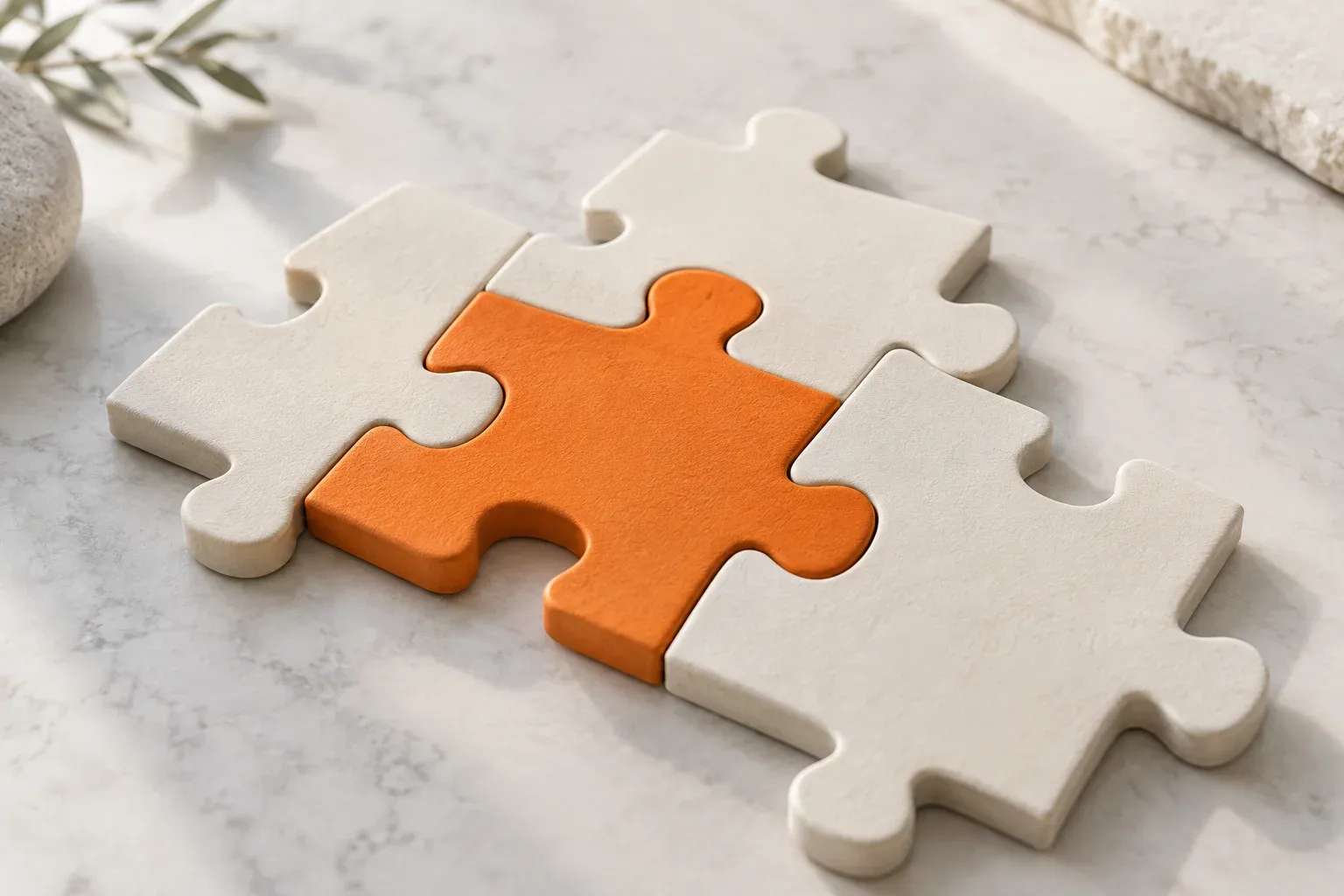 One orange puzzle piece fits neatly into a group of cream pieces on a quiet desk.