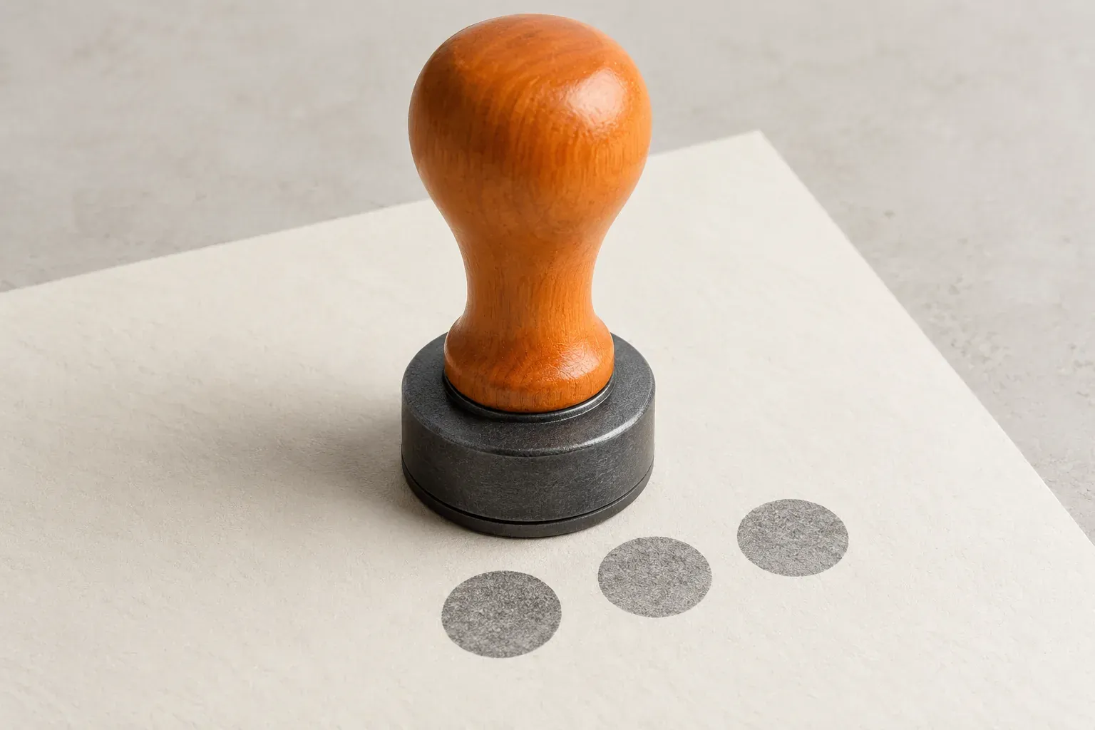 An orange-handled rubber stamp stands beside three matching grey circles on cream paper.