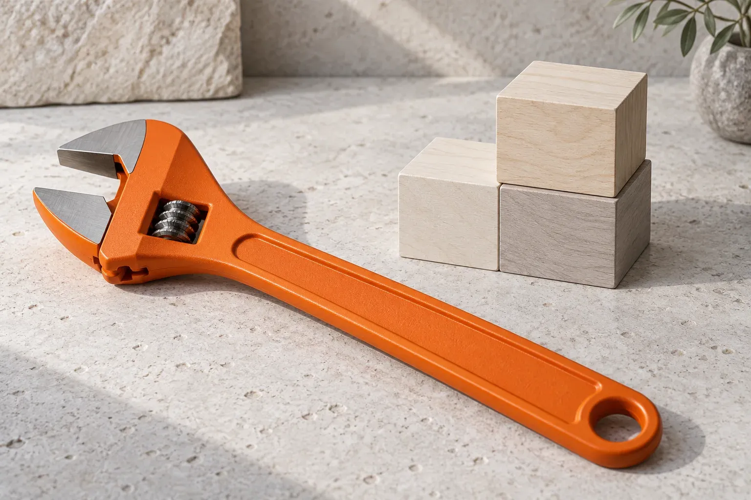 An orange adjustable spanner lies beside a simple modular wooden structure.
