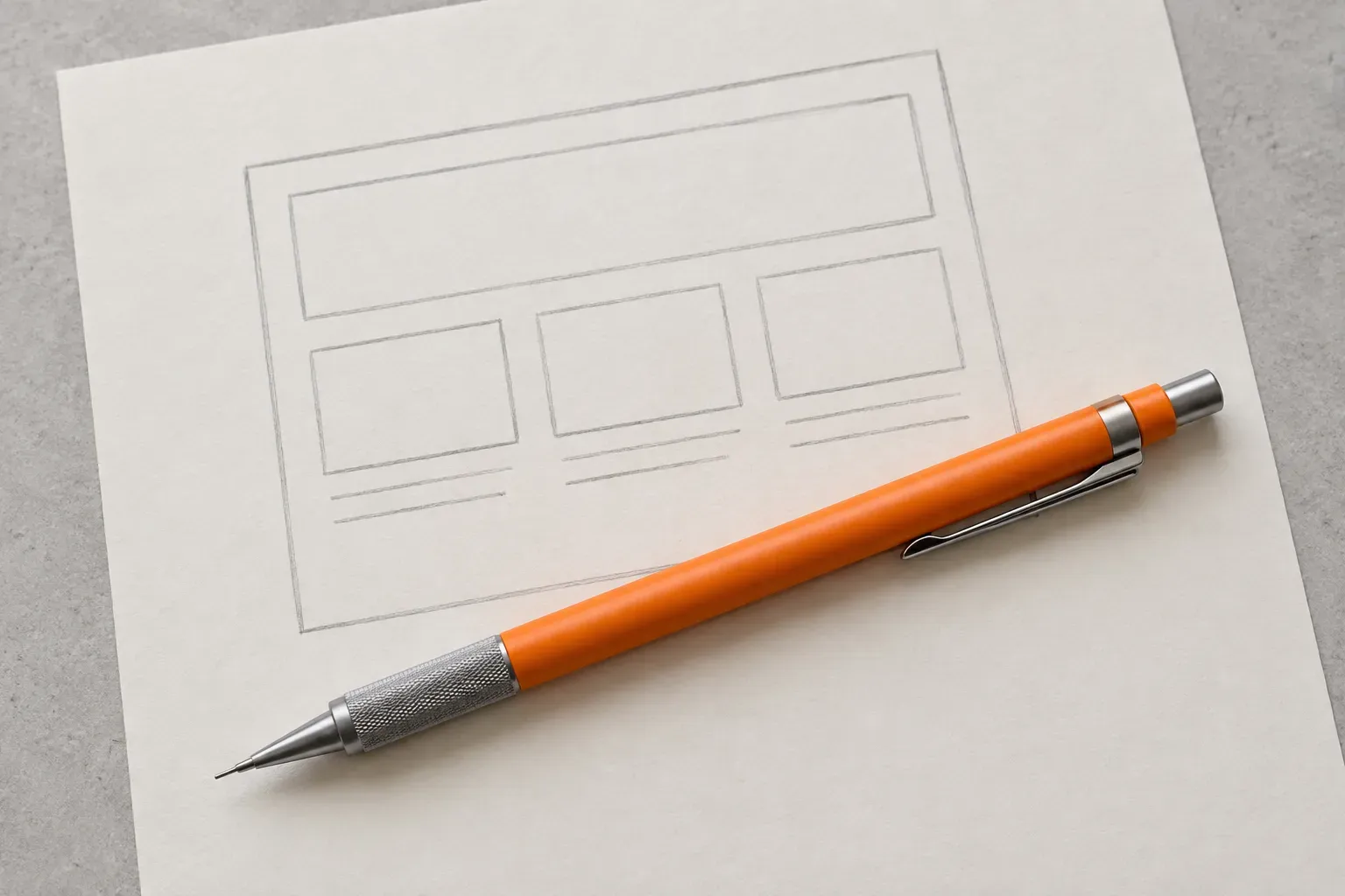 An orange drafting pencil lies across a simple pencil sketch of a website layout on cream paper.