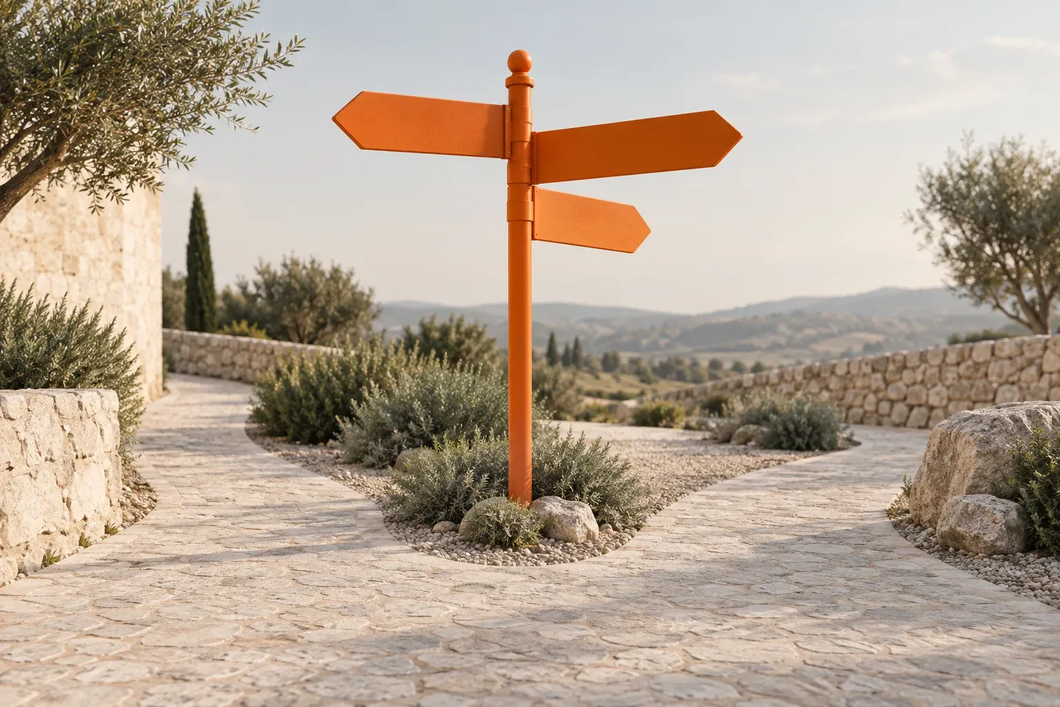 An orange signpost with simple arrow-shaped boards at a junction of pale paths.
