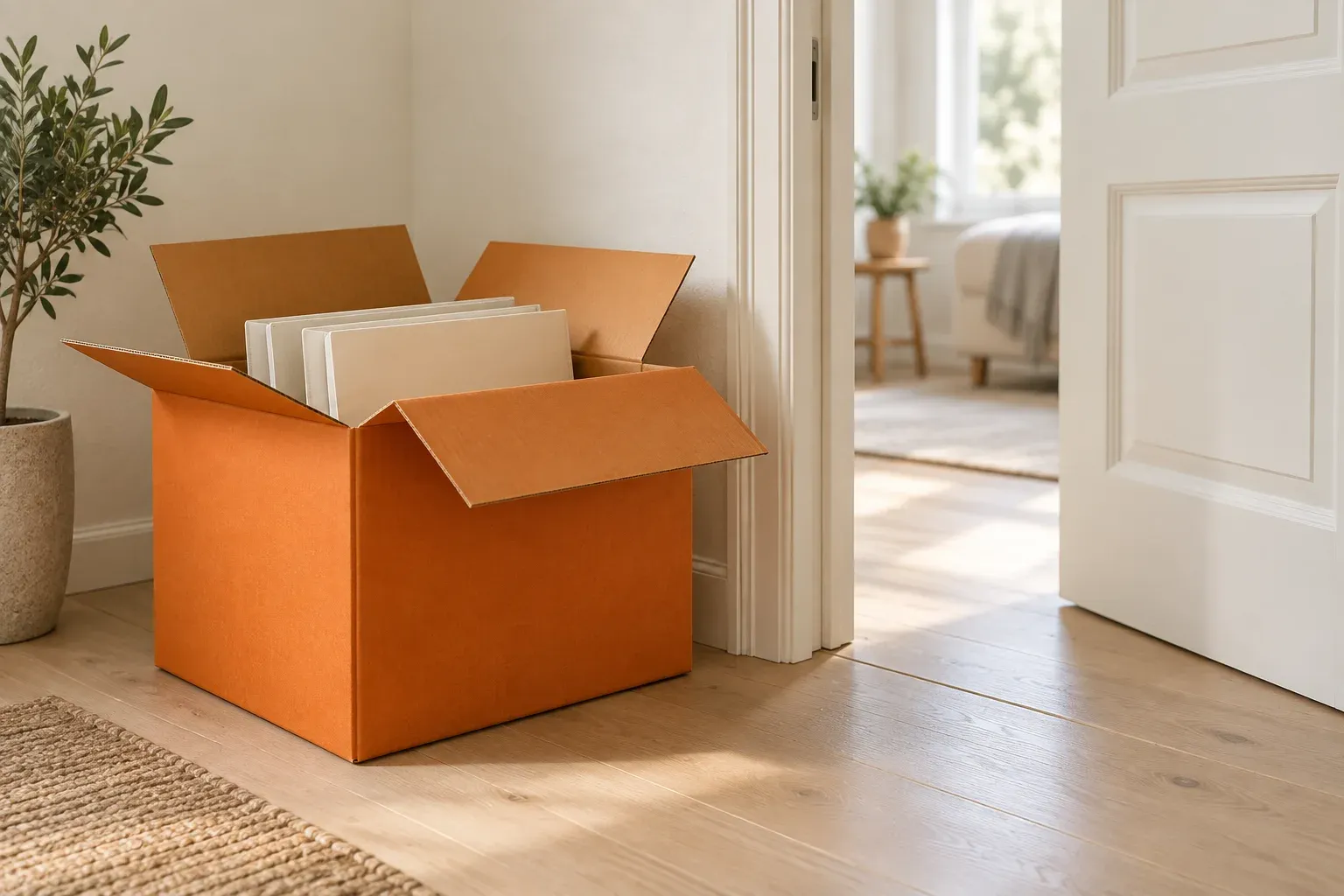 An orange moving box holds carefully packed cream folders beside a pale doorway.