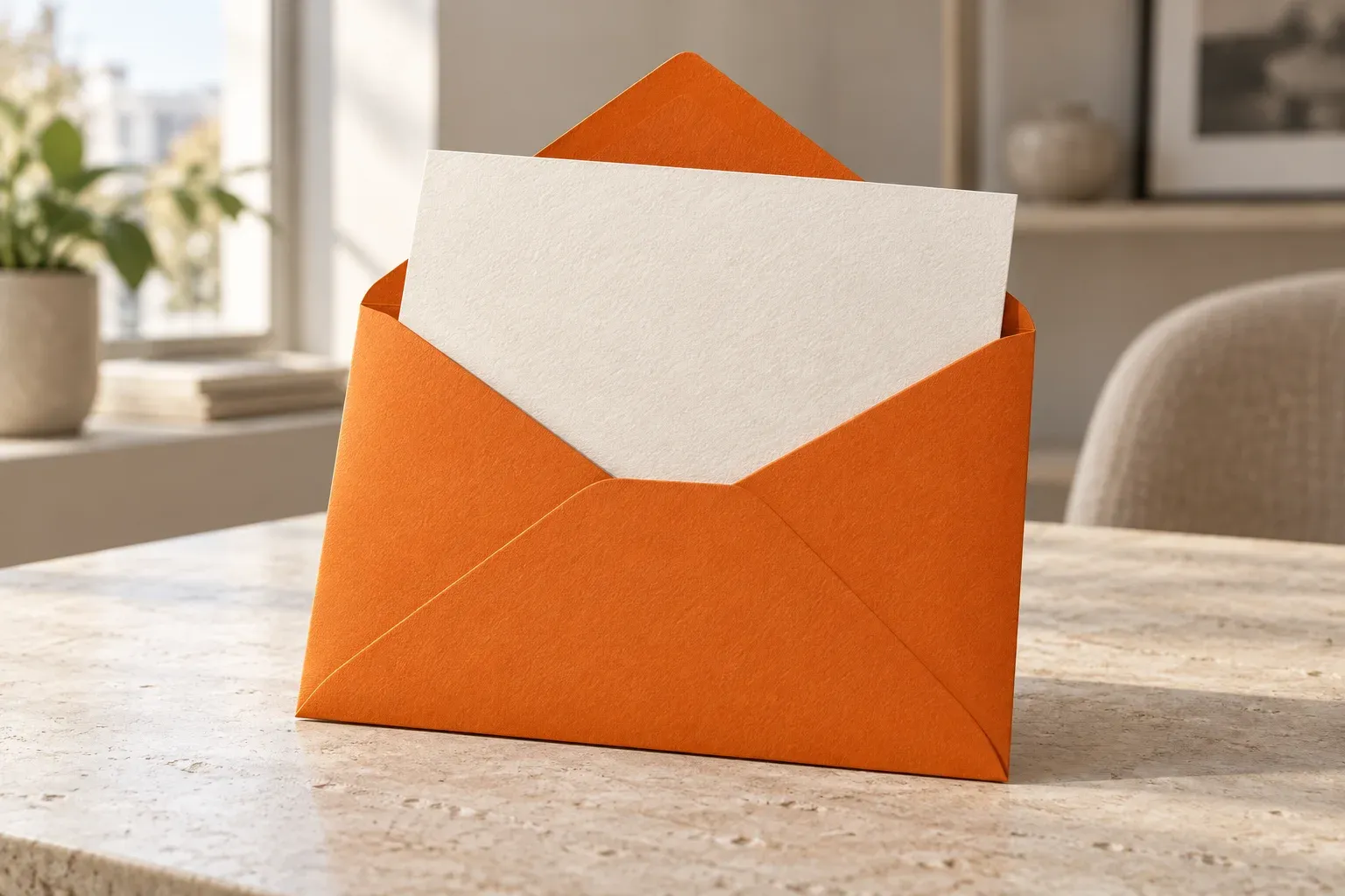 An orange envelope holds a cream enquiry card on a simple desk.