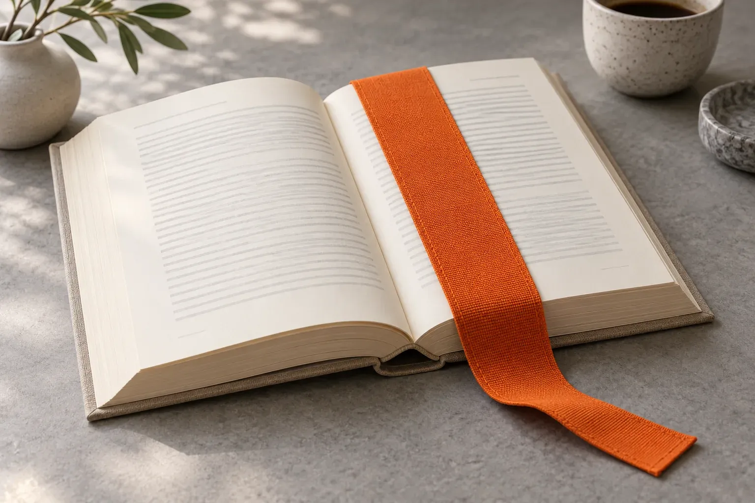 A large orange bookmark marks a page in an open cream reference book.