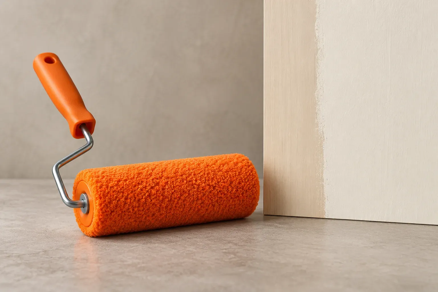 An orange paint roller beside a partly refreshed cream wooden panel.