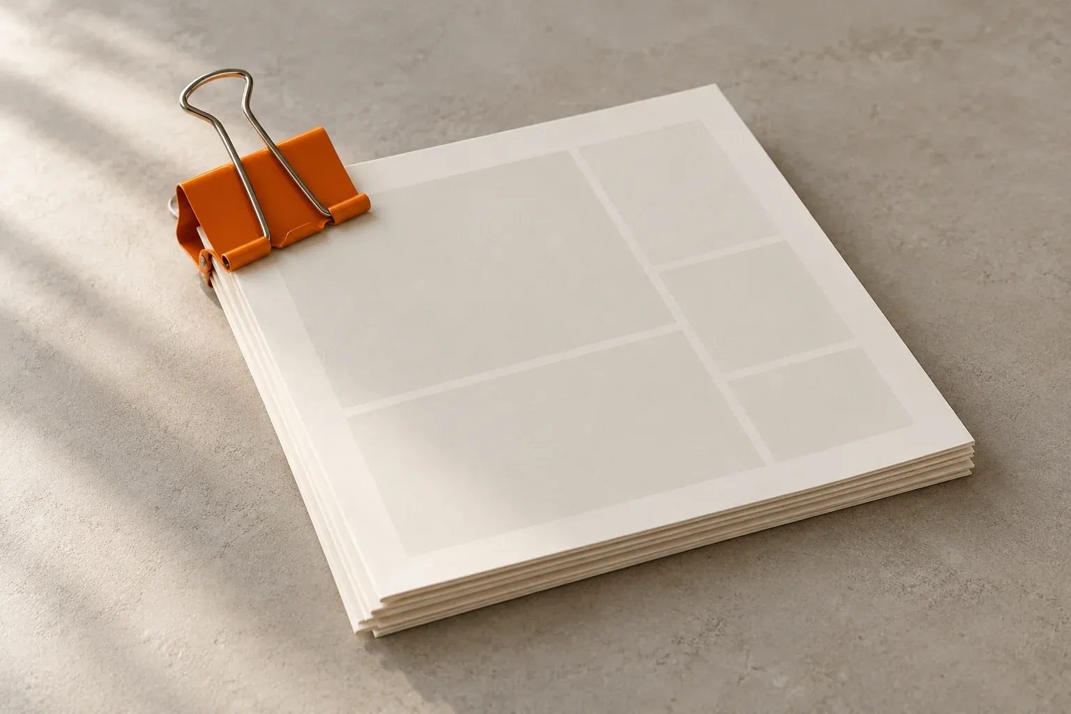 A large orange binder clip holds a small stack of cream planning sheets together.